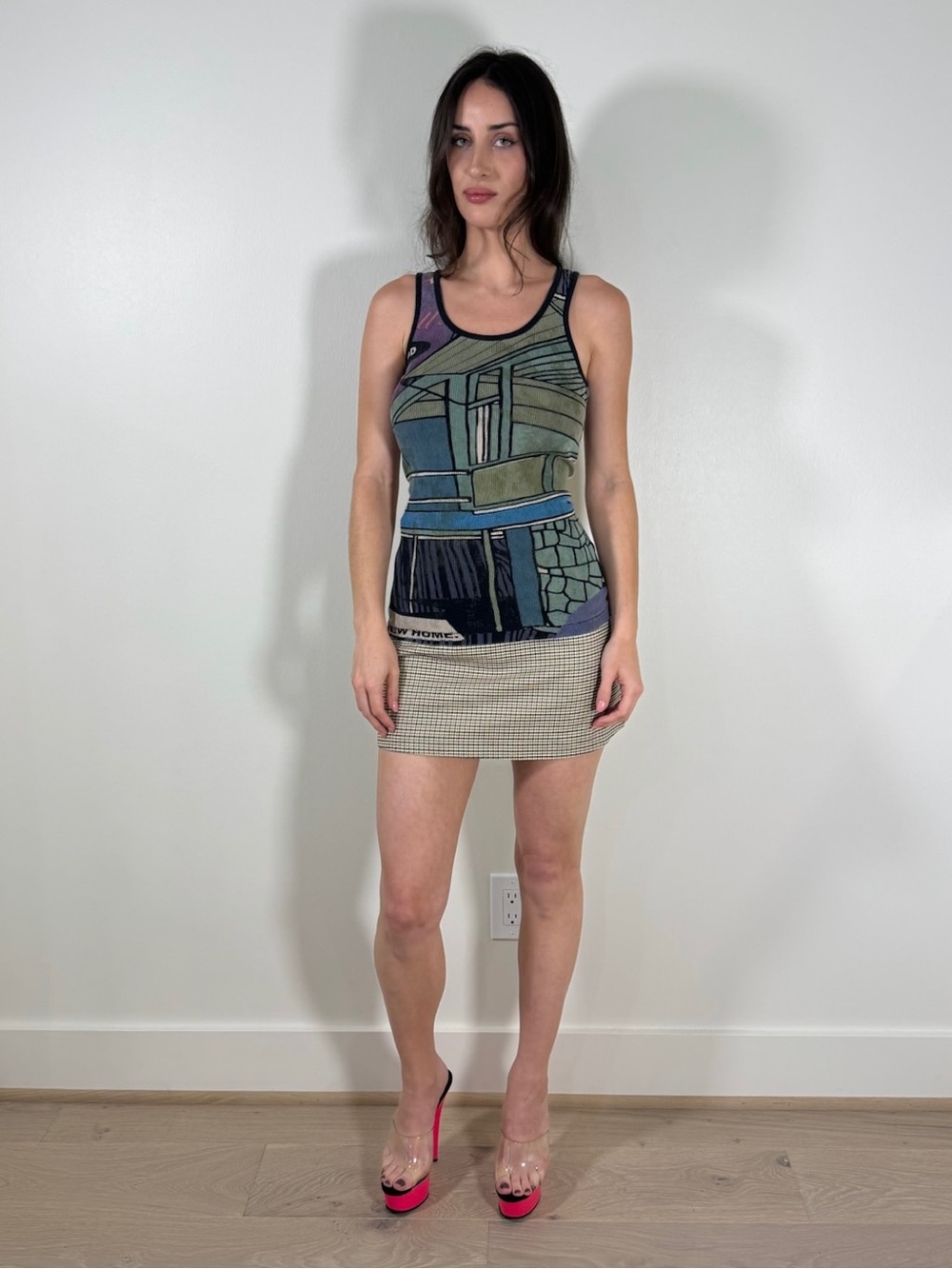 H&M Beige Black Checked Mini Skirt